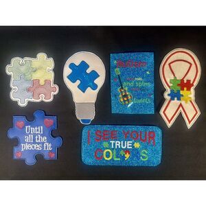 Autism Awareness Lot Of 6 Sew On Embroidered Faux Leather‎ Patches